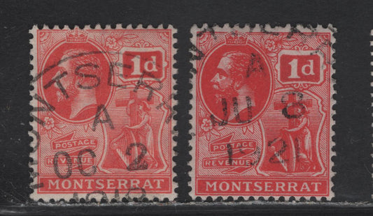 Montserrat (C) SG#50, 50a 1d Scarlet - Carmine Red King George V, 1916-1922 KGV Colonial Badge Keyplate Issue, 2 Fine Used Singles, SON October 2, 1918 & June 8 1921 Montserrat CDS Cancels