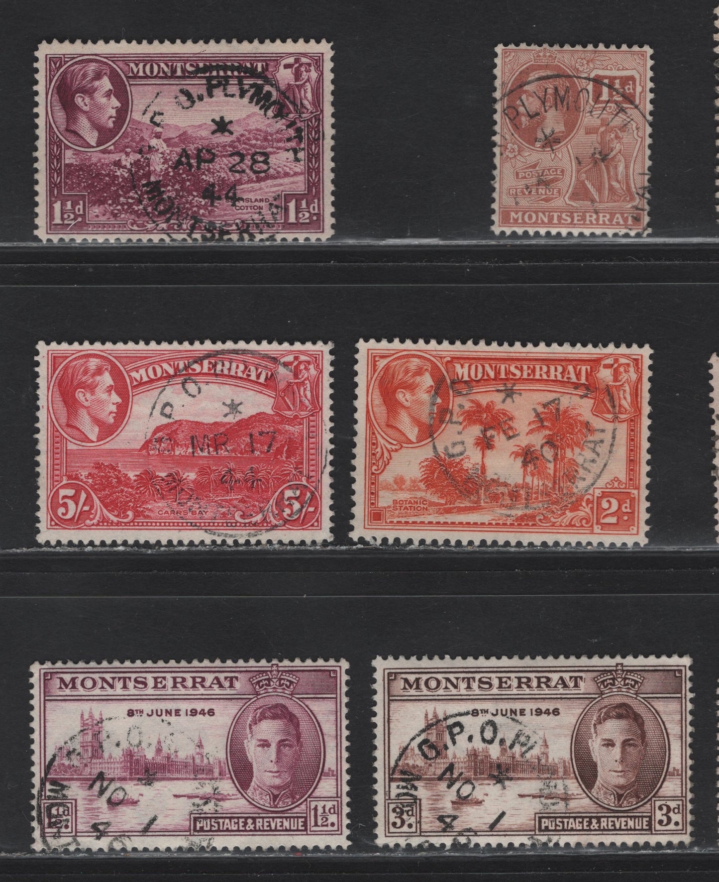 Lot 102 Montserrat (C) SG#69, 113-114, 104, 103a, 110a 1.5d - 3d Red Brown - Chocolate King George VI, 1922-1946 KGVI Colonial Badge Keyplate - Victory Issues, 6 Very Fine Used Singles, All With SON GPO Plymouth Cancels