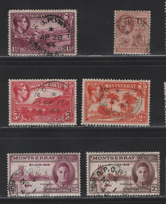 Lot 102 Montserrat (C) SG#69, 113-114, 104, 103a, 110a 1.5d - 3d Red Brown - Chocolate King George VI, 1922-1946 KGVI Colonial Badge Keyplate - Victory Issues, 6 Very Fine Used Singles, All With SON GPO Plymouth Cancels
