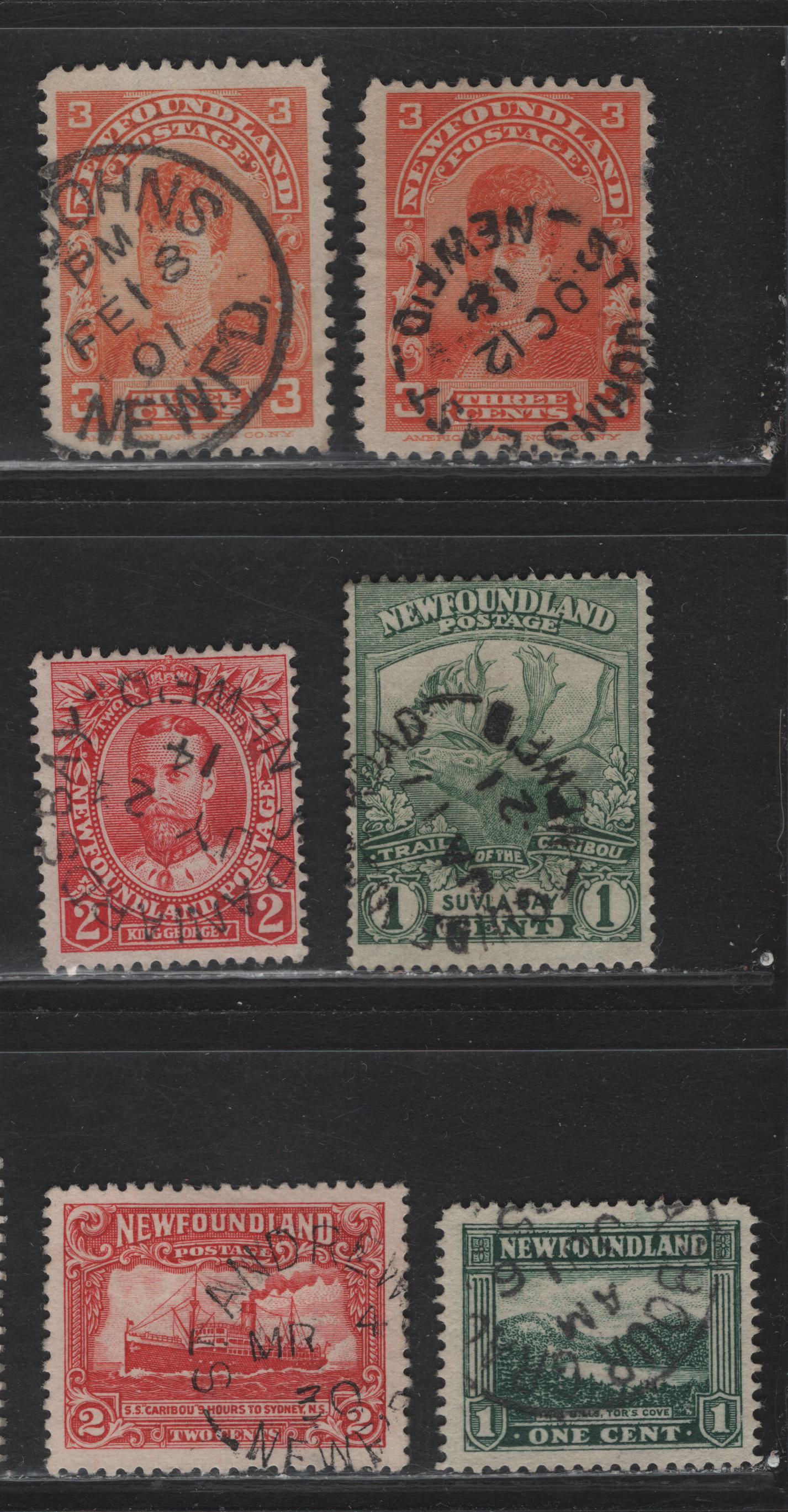 Lot 103 Newfoundland #83, 83c, 105, 115, 131, 164 3c - 2c Red Orange - Deep Carmine Queen Alexandra - Steamship Caribou, 1898-1931 Royal Visit - Re-Engraved Pictorial Issues, 6 Fine/Very Fine Used Singles, Smaller Town Cancels