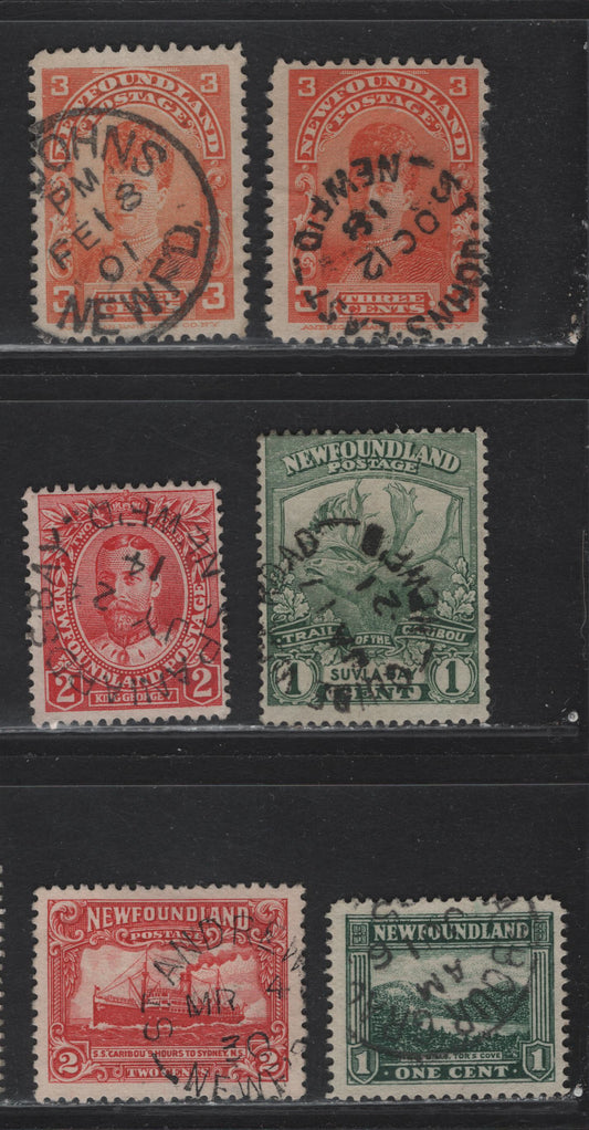 Lot 103 Newfoundland #83, 83c, 105, 115, 131, 164 3c - 2c Red Orange - Deep Carmine Queen Alexandra - Steamship Caribou, 1898-1931 Royal Visit - Re-Engraved Pictorial Issues, 6 Fine/Very Fine Used Singles, Smaller Town Cancels