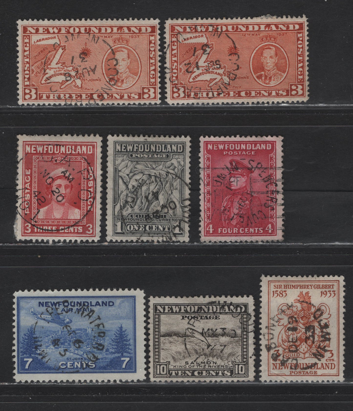 Lot 104 Newfoundland #183, 189, 214, 234, 234g, 255, 260, C19 1c - 7c Gray Black - Ultramarine Codfish - View of St Johns, 1932-1943 Resources - Airmail Issues, 8 Fine/Very Fine Used Singles, CDS & Split Ring Town Cancels