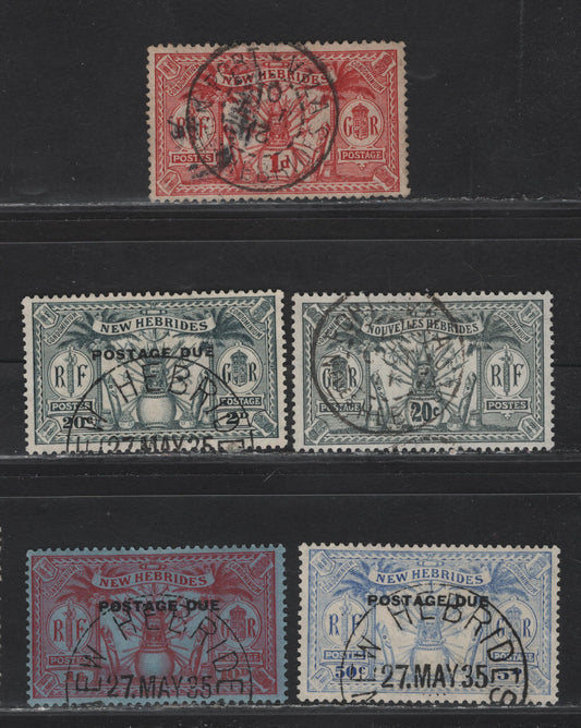 Lot 105 New Hebrides (C) SG#F44, 19, D2, D4-D5 1d - 20c Red - Slate Gray Weapons - Idols, 1911-1925 Weapons - Idol & Postage Due Issues, 5 Fine/Very Fine Used Singles, SON or Partial New Hebrides Or Port-Villa CDS Cancels
