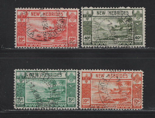 Lot 106 New Hebrides (C) SG#52-55 5c - 20c Blue Green - Scarlet Lopevi Island & Canoe, 1938 Lopevi Island & Canoe Issue, 4 Very Fine Used Singles, Port-Villa CDS Cancels