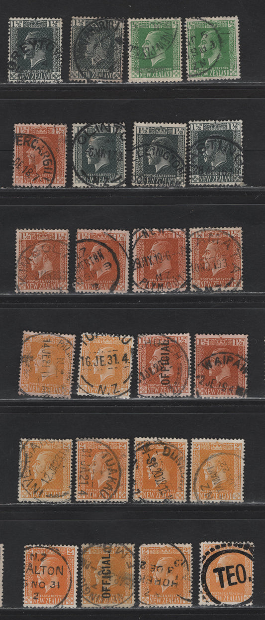 Lot 111 New Zealand (C) SG#435-436a, O91, 439-a, 448, O92 1/2d - 2d Yellow Green - Yellow King George V, 1915-1933 Typographed KGV Heads Issue, 24 Fine/Very Fine Used Singles, SON Town Cancels & Other Markings, De La Rue & Cowan Papers