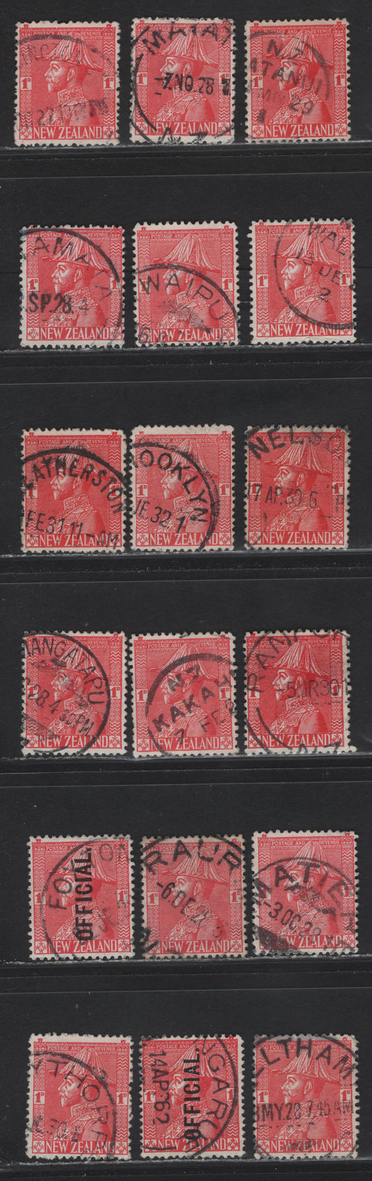 Lot 113 New Zealand (C) SG#468, 471, O111 1d Rose Carmine King George V, 1926-1934 KGV Admiral Issue, 18 Fine/Very Fine Used Singles, Different SON Town Cancels, One Wiggins Teape Paper, Rest Cowan Paper