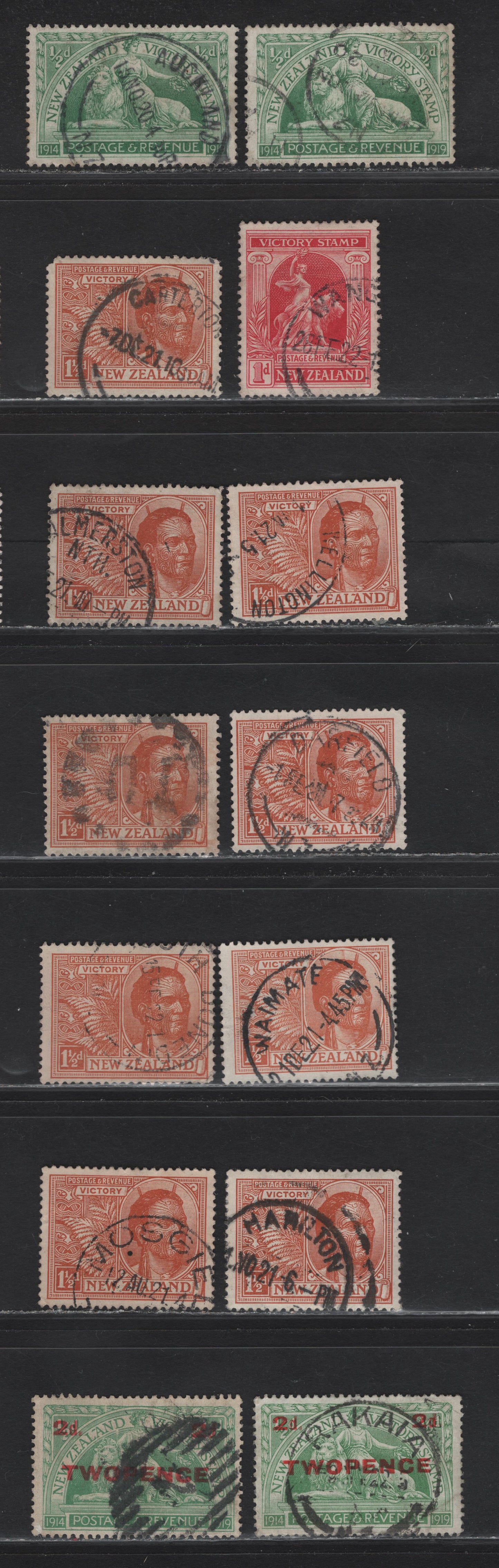 Lot 114 New Zealand (C) SG#453, 454a, 455, 459 1/2d - 2d on 1/2d Green , 1920-1922 Victory - Surcharge Issues, 14 Fine/Very Fine Used Singles, SON or Partial Town Cancels & Barred Town Markings