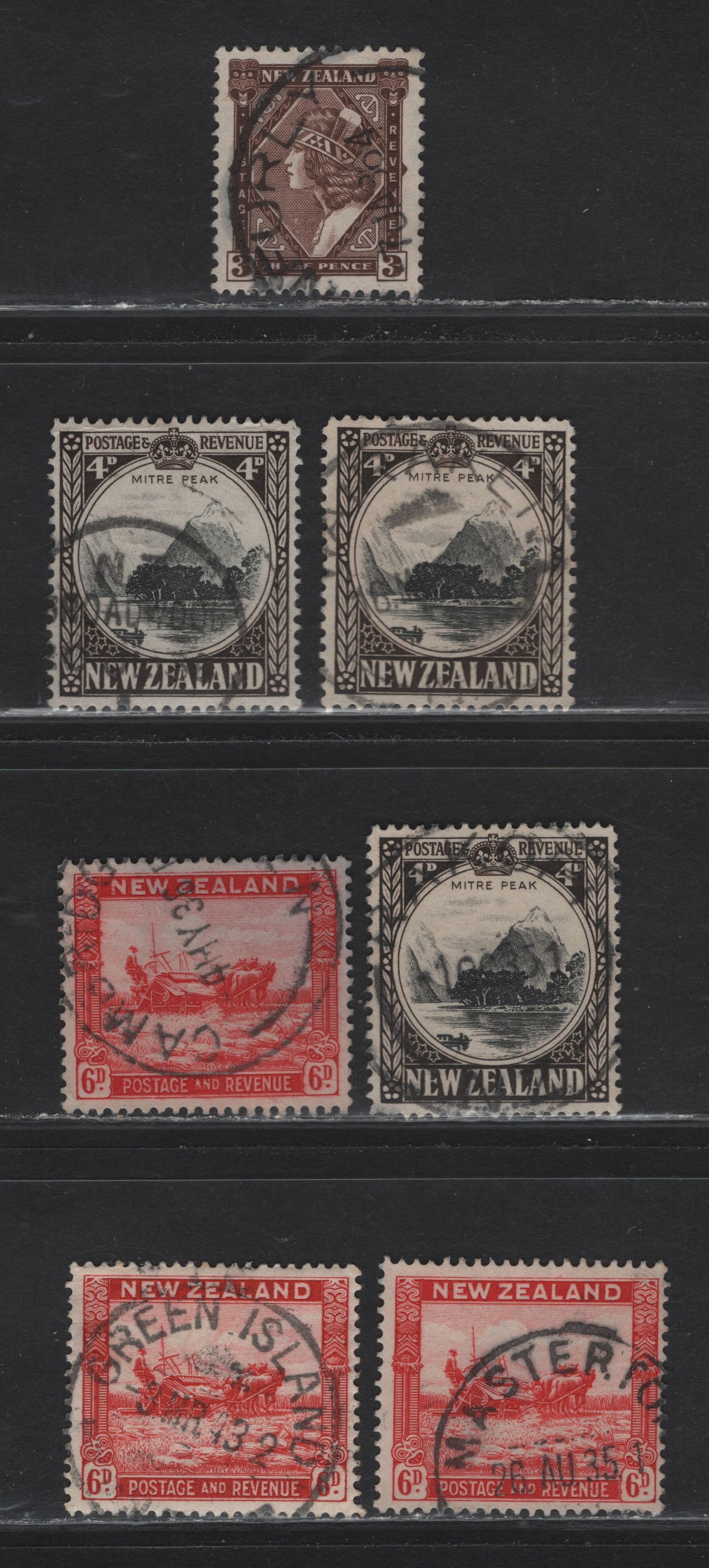Lot 116 New Zealand (C) SG#561-562, 564, 585c 3c - 6d Chocolate - Scarlet , 1935-1942 Pictorial Issues, 7 Fine/Very Fine Used Singles, Perfs 13.5x14, 14, 14x13.5 & 14.5x14, Single & Multiple Wmk, SON Town Cancels.