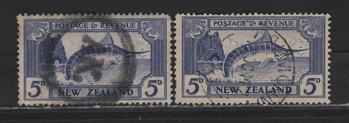 Lot 117 New Zealand (C) SG#563, 584 5d Ultramarine , 1938-1942 Pictorial Issue, 2 Fine/Very Fine Used Singles, Single & Multiple Star & NZ Wmks, SON Akin Double Circle Cancel & What Appears To Be Rawmohna