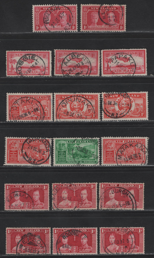Lot 119 New Zealand (C) SG#570, 574, 593-594, 598-599 1d - 1d+1d Carmine - Scarlet Airmail - Health, 1935-1936 Airmail - Health Issues, 17 Fine/Very Fine Used Singles, Readable & Mostly SON CDS Town Cancels
