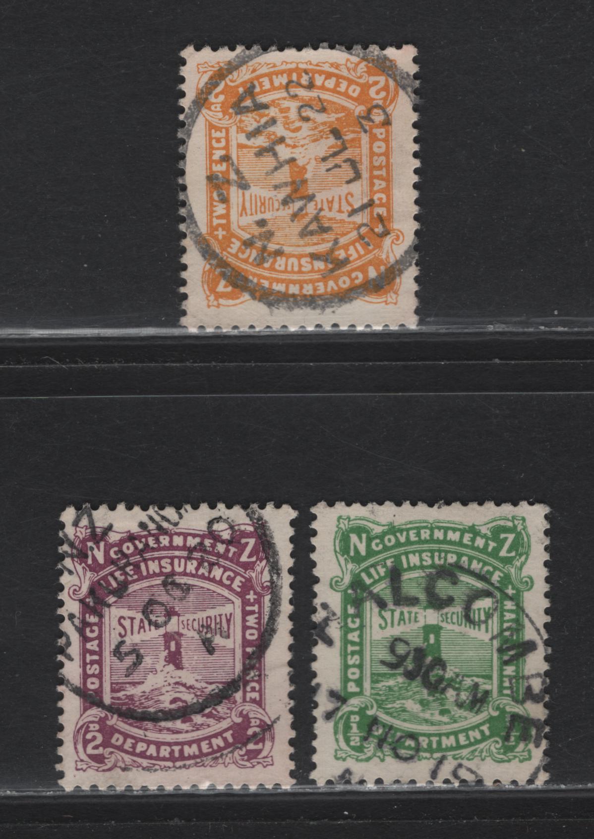 Lot 122 New Zealand (C) SG#L24, L28-L29 1/2d - 2d on 1/2d Green - Yellow Lighthouses, 1913-1920 Life Insurance Department Issue, 3 Very Fine Used Singles, Readable SON Cancels Including Nov 17 1918 Halcombe, Oct 5 1920 Pakurach & July 21 1922 Kawhia