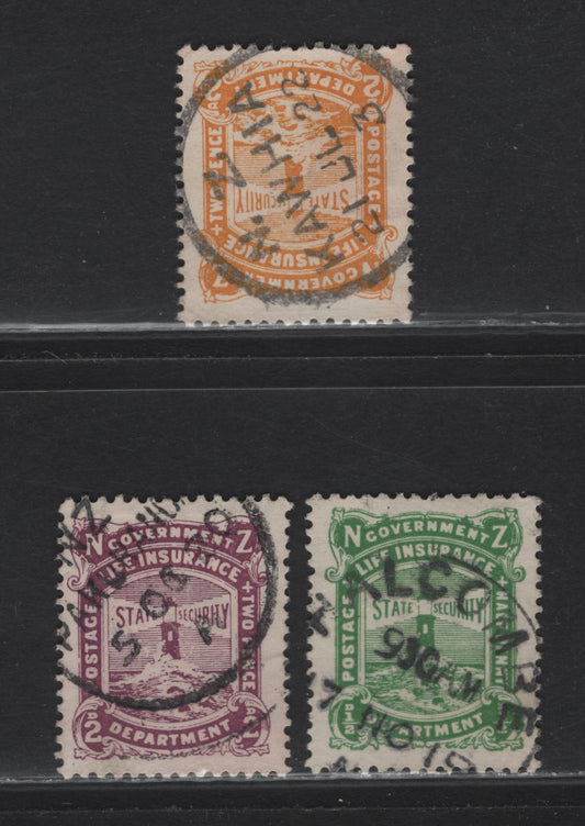 New Zealand (C) SG#L24, L28-L29 1/2d - 2d on 1/2d Green - Yellow Lighthouses, 1913-1920 Life Insurance Department Issue, 3 Very Fine Used Singles, Readable SON Cancels Including Nov 17 1918 Halcombe, Oct 5 1920 Pakurach & July 21 1922 Kawhia