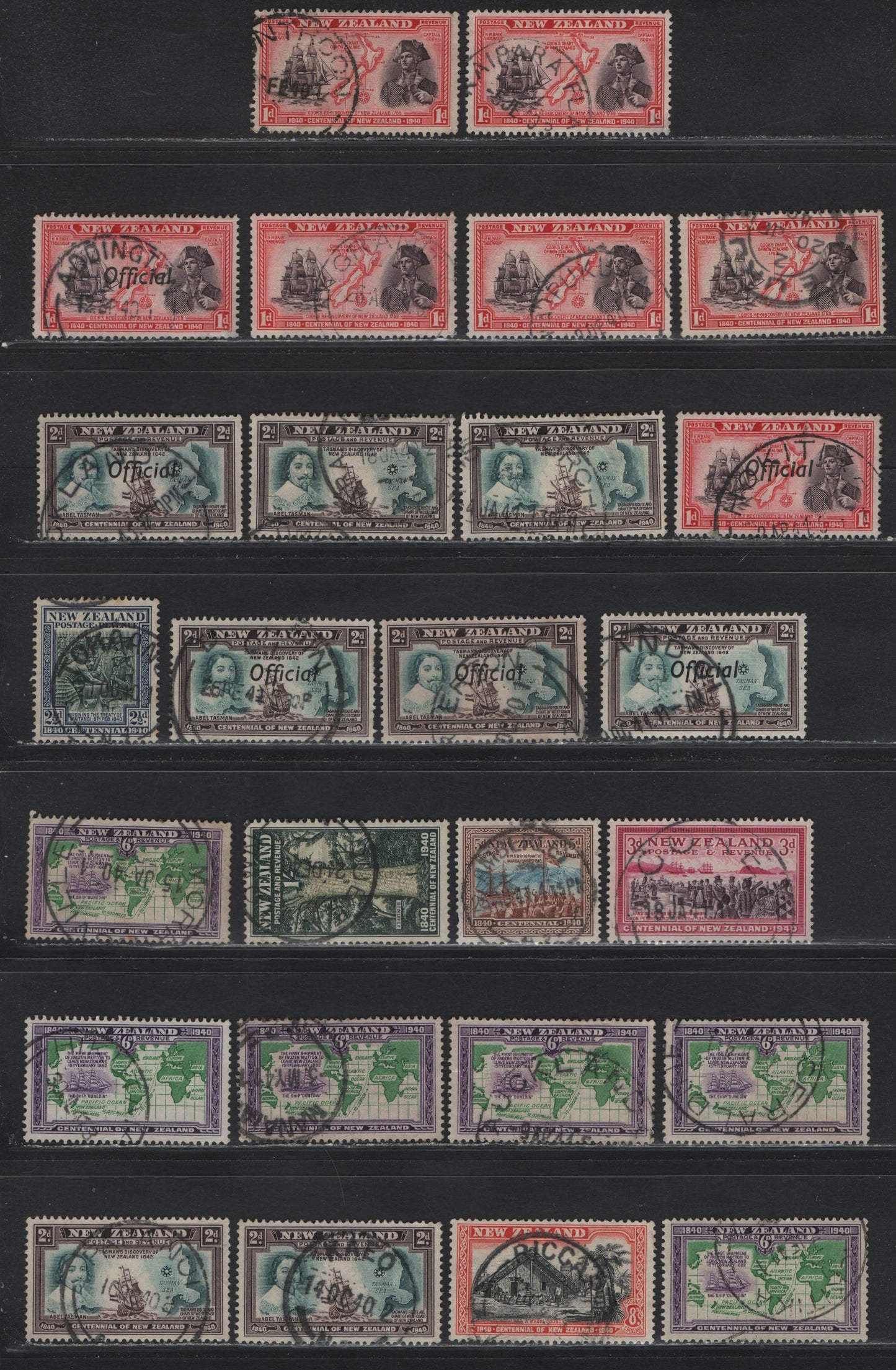 Lot 123 New Zealand (C) SG#O142, O144, 614/625 1d - 1/- Chocolate & Scarlet - Sage Green & Deep Green , 1940 Centenary Issue, 26 Fine/Very Fine Used Singles, SON & Readable Town Cancels