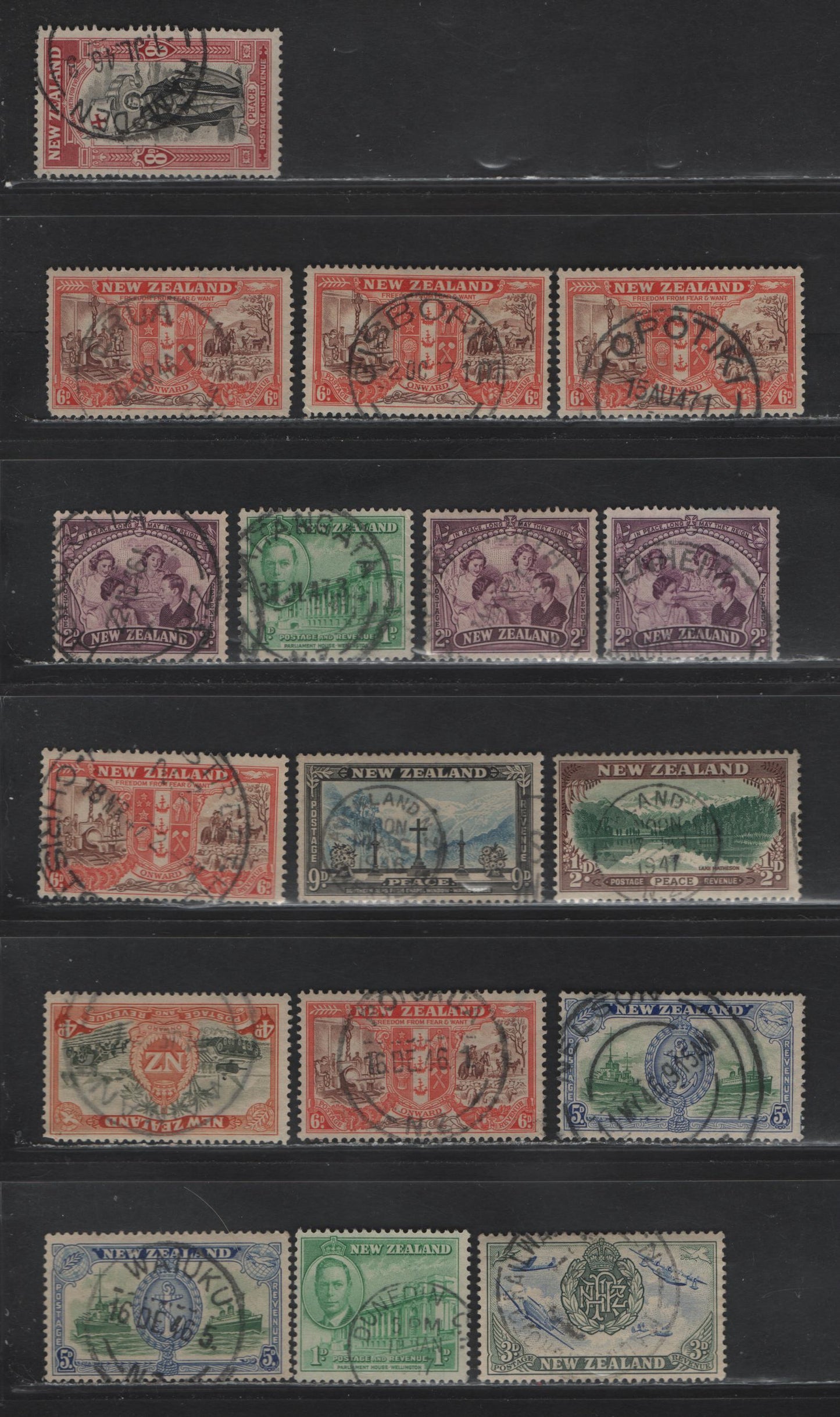 Lot 124 New Zealand  (C) SG#667/676 1/2d - 9d Green & Brown - Blue & Black , 1946 Peace Issue, 17 Fine/Very Fine Used Singles, Readable Dated Town Cancels