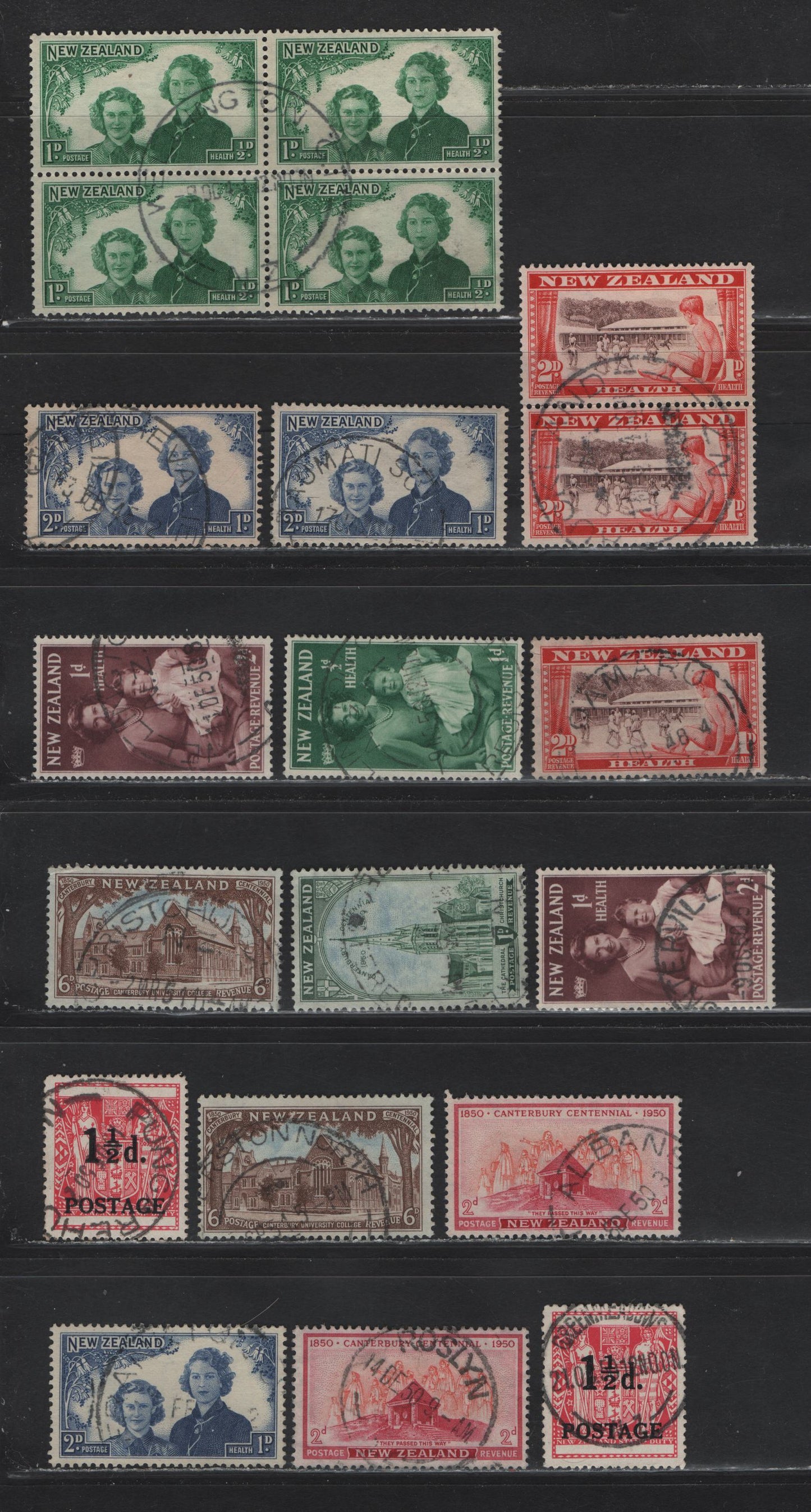 Lot 125 New Zealand (C) SG#663-664, 696, 700-704, 706 1d+1/2d - 6d Green - Brown Blue Health - Canterbury Centennial, 1944-1950 Health - Canterbury Centennial Issue, 16 Fine/Very Fine Used Singles, Pair & Block Of 4, CDS Town Cancels