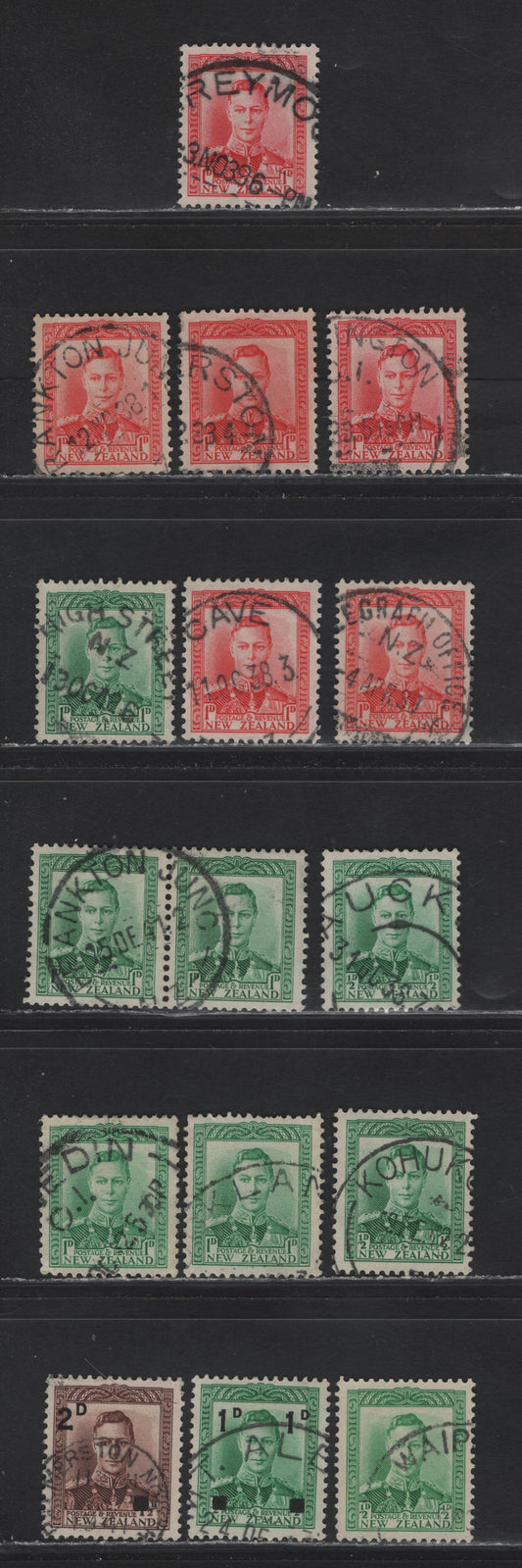 Lot 126 New Zealand (C)  SG#603,w, 605-606, 628-629 1/2d - 2d on 1.5d Green - Purple Brown King George VI, 1938-1944 KGVI Definitive Issue, 15 Very Fine Used Singles & Pair, SON Cancels, Includes 1 1/2d Green Booklet Stamp With Inverted Wmk