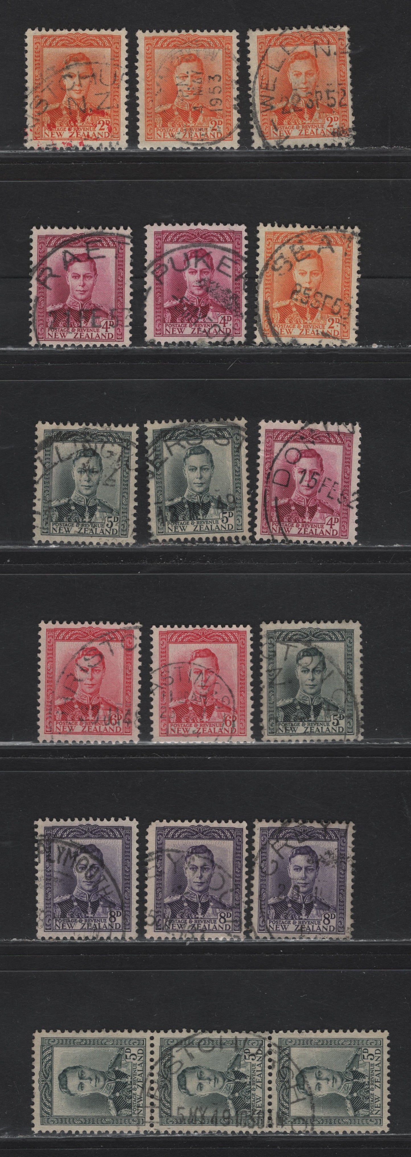 Lot 127 New Zealand (C) SG#680-684 2d - 8d Orange - Violet King George VI, 1947-1952 KGVI Definitive Issue, 16 Fine/Very Fine Used Singles & Strip Of 3, SON Town Cancels