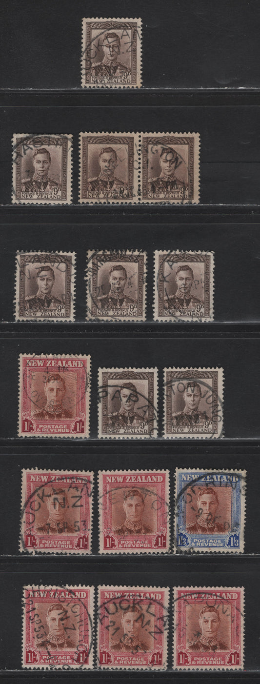 Lot 128 New Zealand (C) SG#685, 686c, 687b 9d - 1/3 Purple Brown - Red Brown & Blue King George VI, 1947-1952 KGVI Definitive Issue, 15 Fine/Very Fine Used Singles & Pair, Readable CDS Town Cancels, 1/3d Has Upright Wmk, 1/- Is Plate 2.