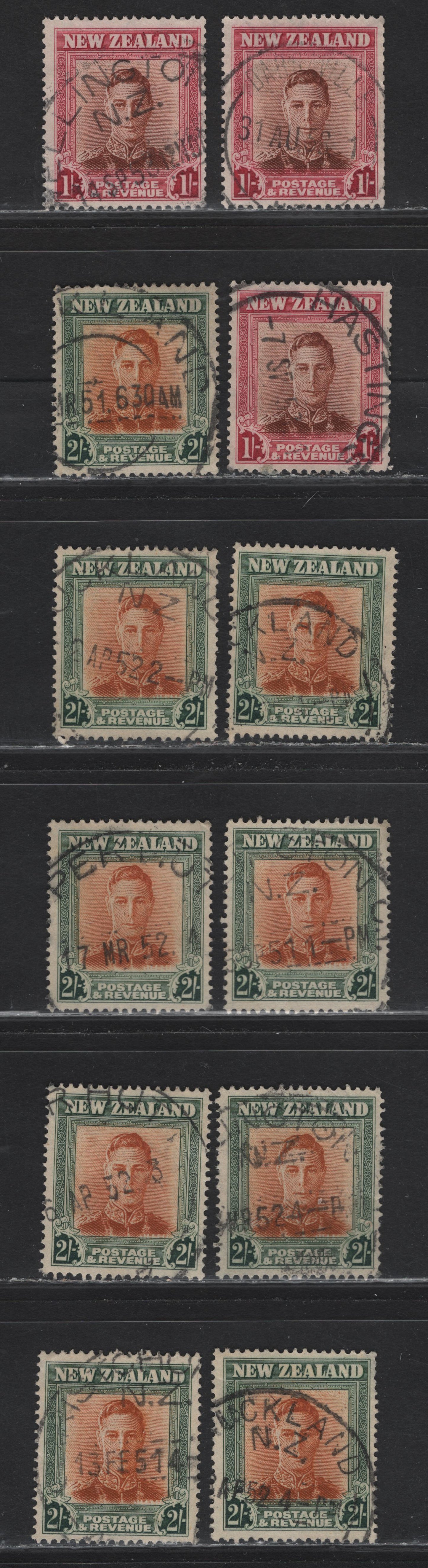 Lot 129 New Zealand (C) SG#686, 688 1/- - 2/- Red Brown & Carmine - Brown Orange & Green King George VI, 1947-1952 KGVI Definitive Issue, 12 Fine/Very Fine Used Singles, Sideways Wmk, SON Readable Town Cancels