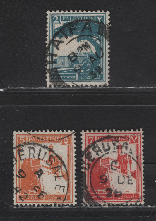 Lot 133 Palestine (C) SG#90, 93a, 95 2c - 7m Greenish Blue - Scarlet , 1927-1945 Pictorial Keyplates Issue, 3 Very Fine Used Singles, SON Jerusalem CDS Cancels