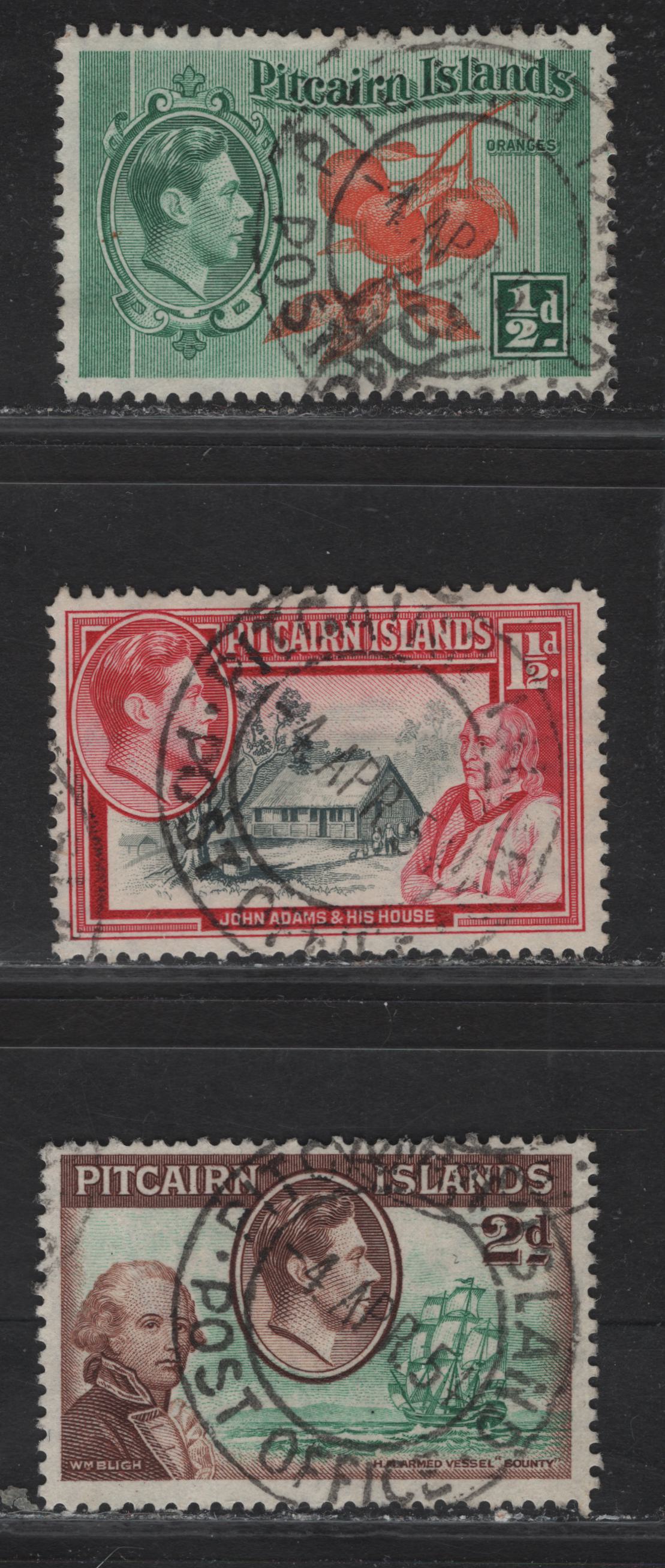 Lot 135 Pitcairn Islands (C) SG#1, 3-4 1/2d - 2d Orange & Green - Green & Brown King George VI, 1940 KGVI Pictorial Issue, 3 Very Fine Used Singles, SON April 1951 Pitcairn Islands Post Office Cancels