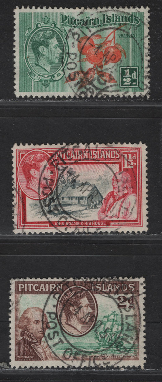Pitcairn Islands (C) SG#1, 3-4 1/2d - 2d Orange & Green - Green & Brown King George VI, 1940 KGVI Pictorial Issue, 3 Very Fine Used Singles, SON April 1951 Pitcairn Islands Post Office Cancels