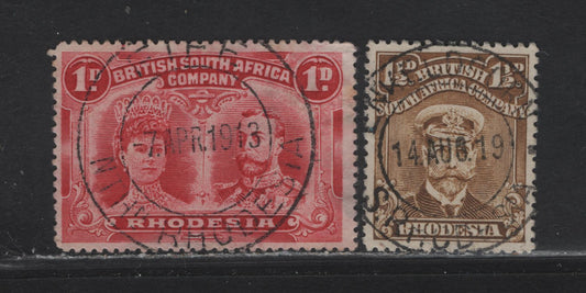 Lot 136 British South Africa Company (C) SG#170, 198 1d - 1.5d Carmine - Bistre Brown , 1910-1919 Double Heads & Admiral Issues, 2 Fine/Very Fine Used Singles, Perfs 15 & 14(Admiral), SON April 7 1913 Fife & August 14 1919 Enkelogorn CDS Cancels
