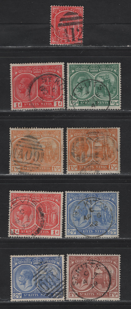 Lot 137 St Kitts & Nevis (C) SG#14a, 24-26, 28, 38, 40a, 44  , 1905-1929 Columbo & Medicianl Spring - King George V Issues, 9 Fine/Very Fine Used Singles, SON St Kitts, Nevis & AO9, A12 Barred Numeral Cancels For Nevis & St Kitts
