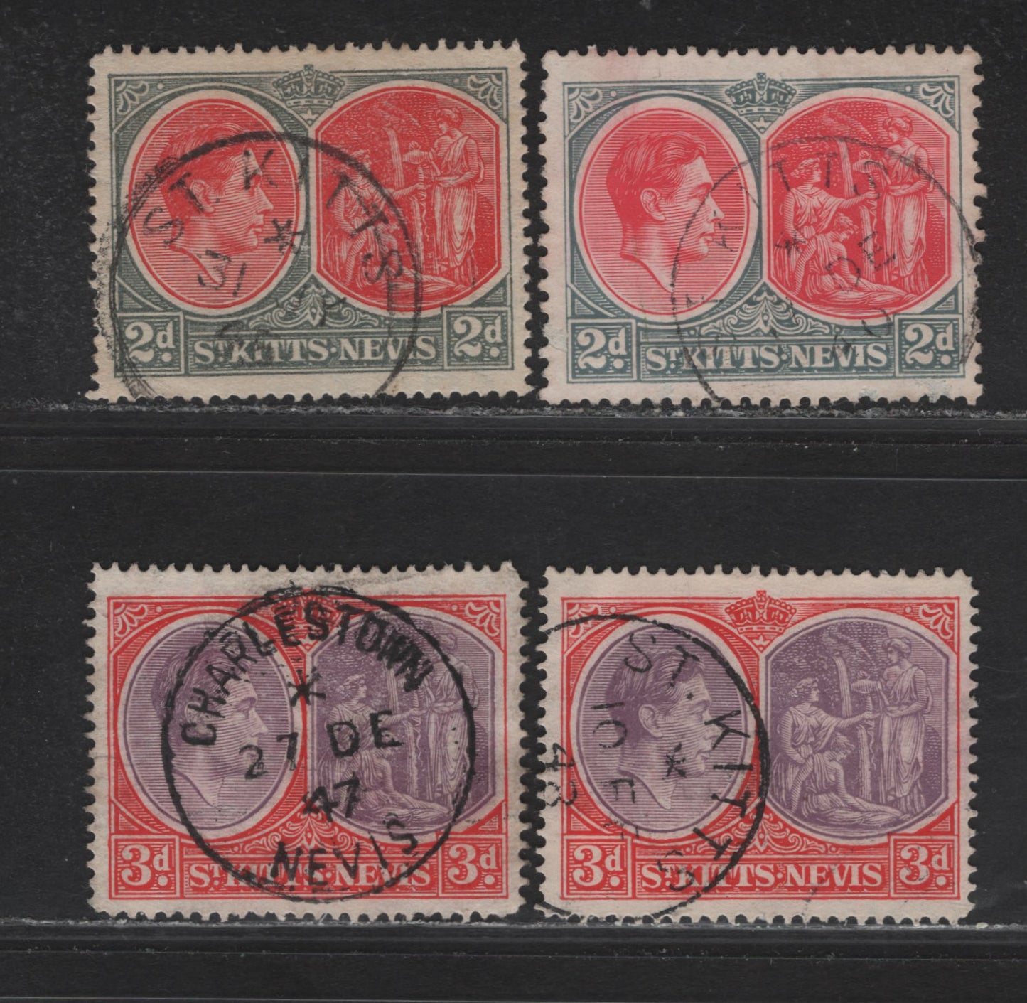 St Kitts & Nevis (C)  SG#71a,ba, 73e 2d - 3d Carmine & Deep Gray - Deep Purple & Scarlet King George VI, 1938-1950 KGVI Keyplate Issue, 4 Fine/Very Fine Used Singles, Charlestown & St Kitts SON Cancels