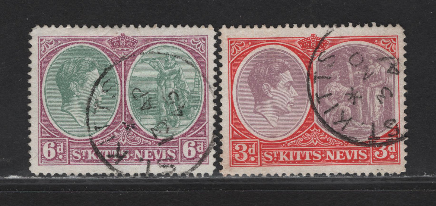 Lot 139 St Kitts & Nevis (C) SG#73c, 74c 3d - 6d Reddish Lilac & Scarlet- Green & Purple King George VI, 1938-1950 KGVI Keyplate Issue, 2 Very Fine Used Singles, Perf 14x13.5, Ordinary Paper, Both With St Kitts CDS Cancels.