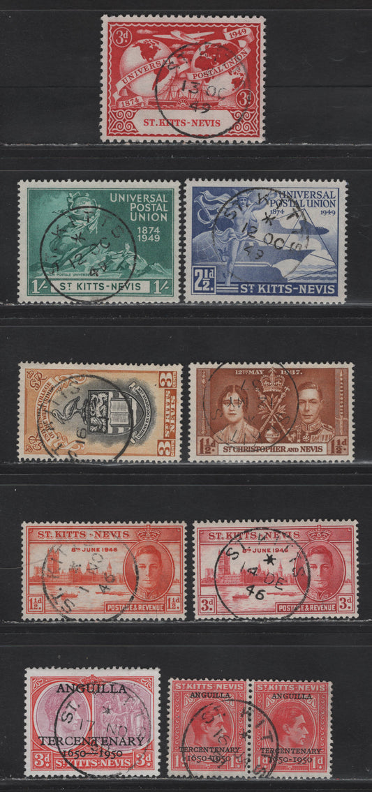 Lot 140 St Kitts & Nevis (C) SG#66, 78-79, 82-83, 85-86, 89, 92 1.5d - 3c Buff - Black & Yellow Orange , 1937-1951 Coronation - BwI University College Issues, 9 Fine/Very Fine Used Singles & Pair, SON St Kitts Cancels