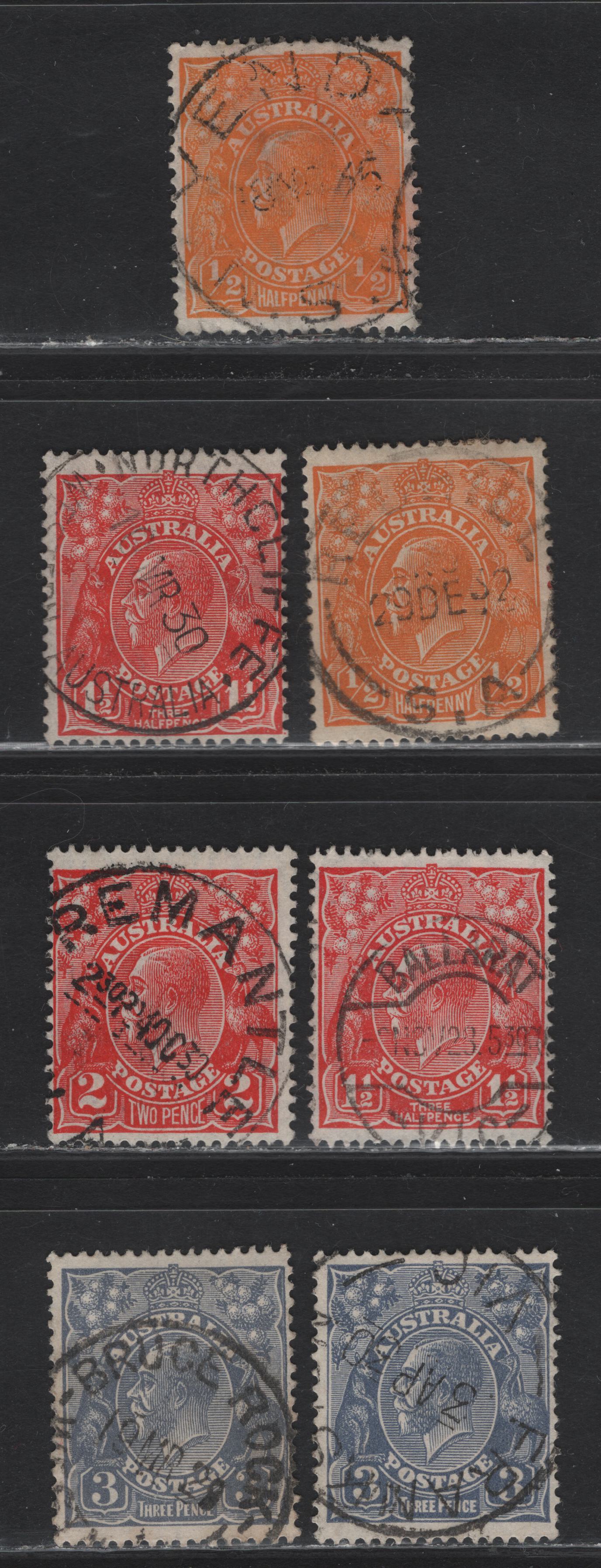Lot 14 Australia (C)  SG#94, 96, 100,b 1/2d - 3d Orange - Dull Ultramarine King George V, 1926-1930 KGV Head Issue, 7 Fine/Very Fine Used Singles, SON CDS Cancels, Small Multiple Wmk