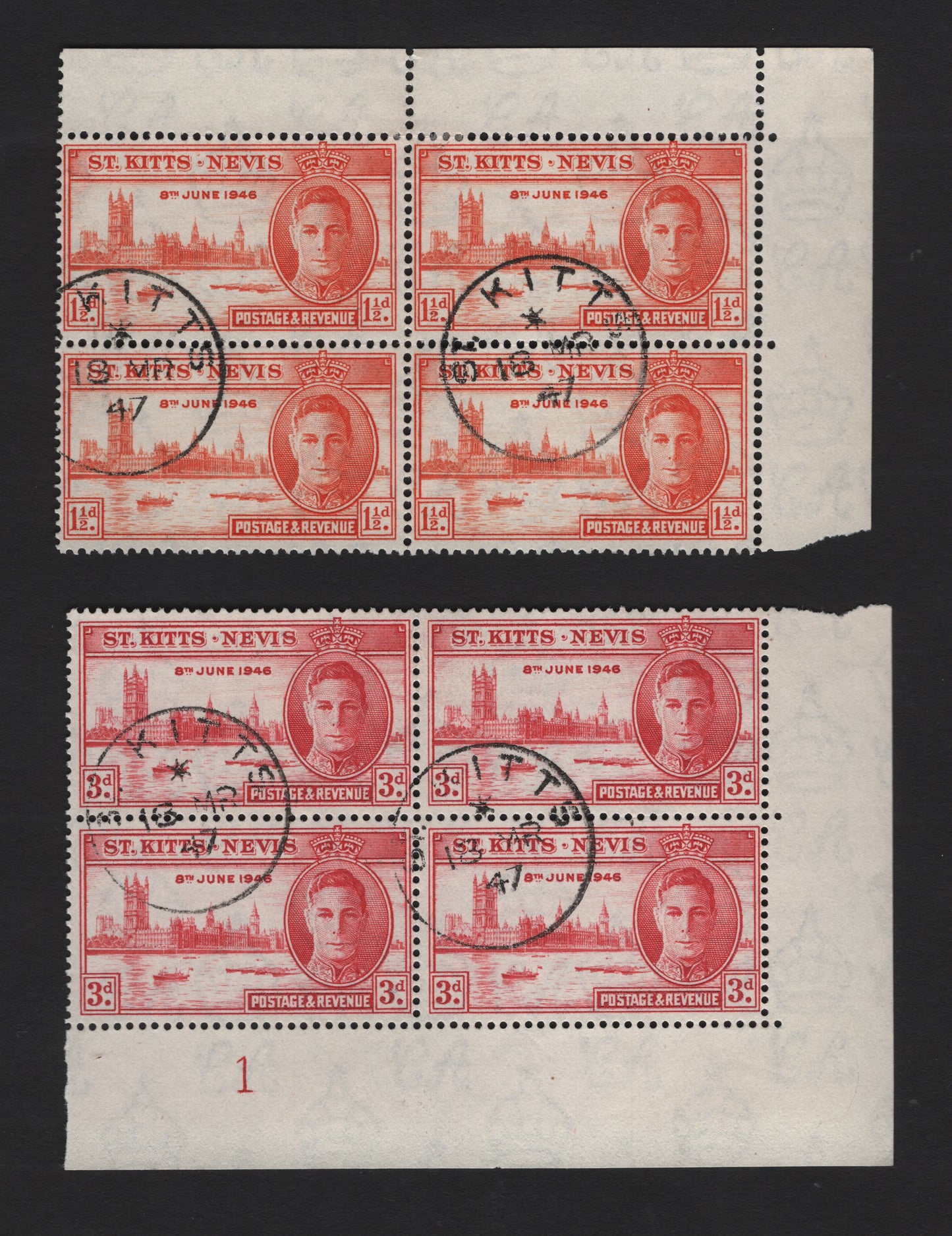 Lot 141 St Kitts & Nevis (C)  SG#78-79 1.5d - 3d Red Orange - Carmine , 1946 Peace Issue, 2 Fine/Very Fine Used Blocks Of 4, UR & LR Blocks, Plate 1 On The 3d, March 10, 1947 St Kitts Cancels.