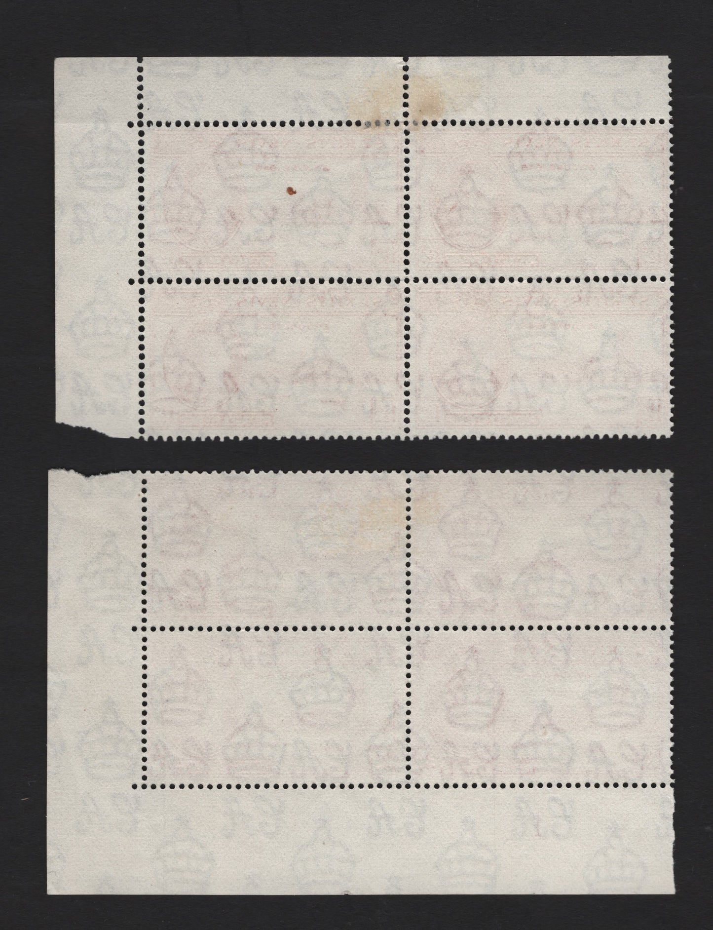 Lot 141 St Kitts & Nevis (C)  SG#78-79 1.5d - 3d Red Orange - Carmine , 1946 Peace Issue, 2 Fine/Very Fine Used Blocks Of 4, UR & LR Blocks, Plate 1 On The 3d, March 10, 1947 St Kitts Cancels.