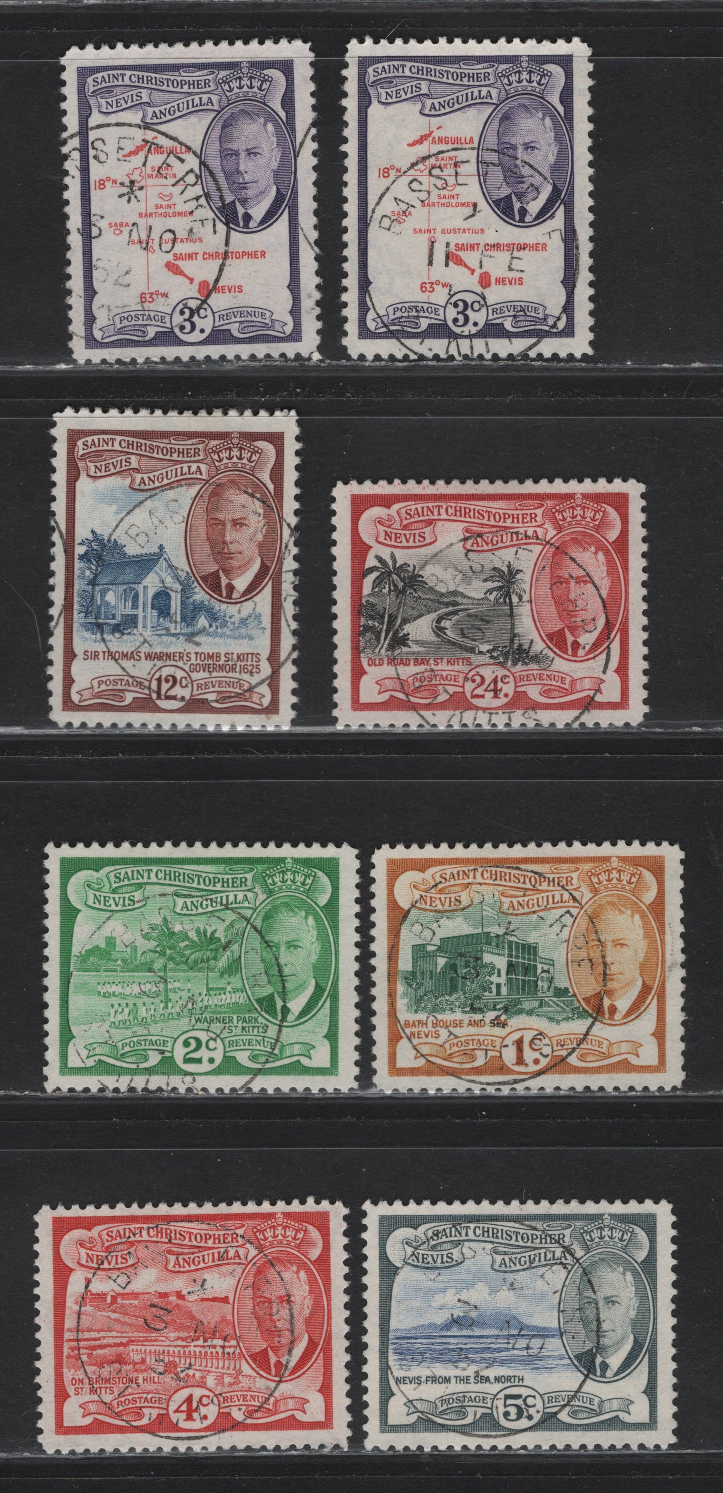 Lot 142 St Christopher, Nevis, Anguilla (C)  SG#94-98, 100-101 1c - 24c Deep Green & Ochre - Black & Carmine Red, 1952 KGVI Definitive Issue, 8 Very Fine Used Singles, SON Basseterre CDS Cancels, Two Slightly Different Shades of 3c
