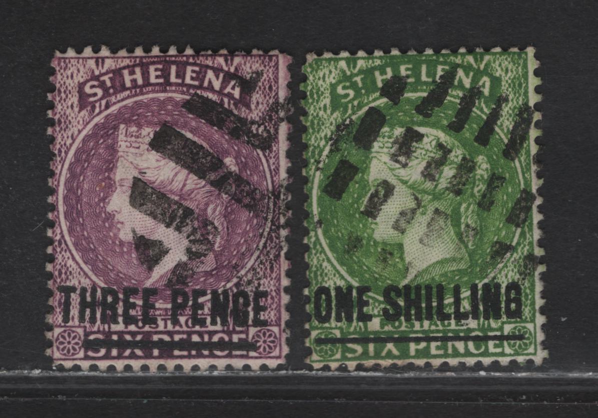 Lot 143 St. Helena (C)  SG#41, 45 3d - 1/- Deep Mauve - Yellow Green , 1864-1894 Recess Printed Courbould Heads Issue, 2 Fine Used Singles, Surcharged, Two Examples With Segmented Cork Cancels