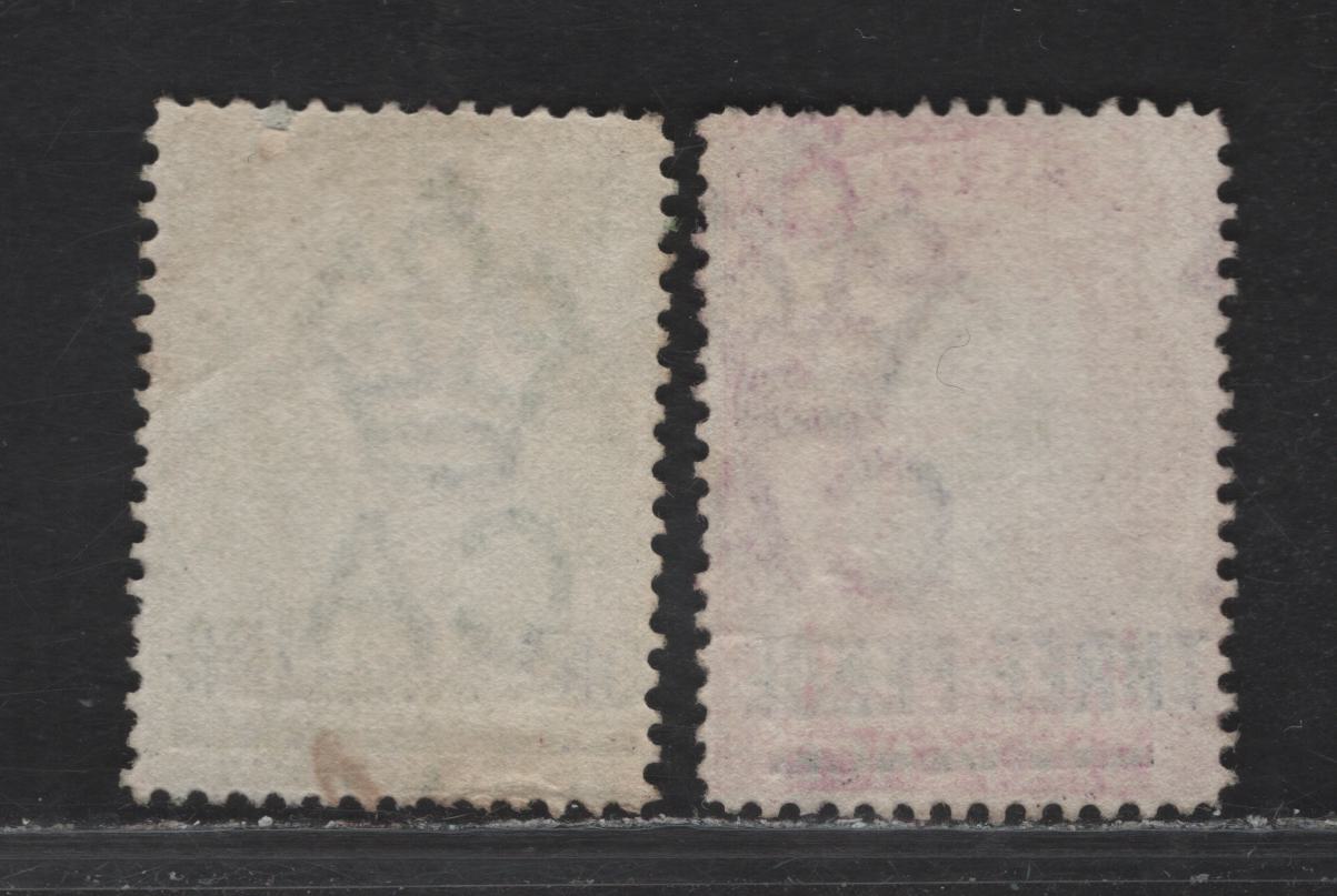 Lot 143 St. Helena (C)  SG#41, 45 3d - 1/- Deep Mauve - Yellow Green , 1864-1894 Recess Printed Courbould Heads Issue, 2 Fine Used Singles, Surcharged, Two Examples With Segmented Cork Cancels