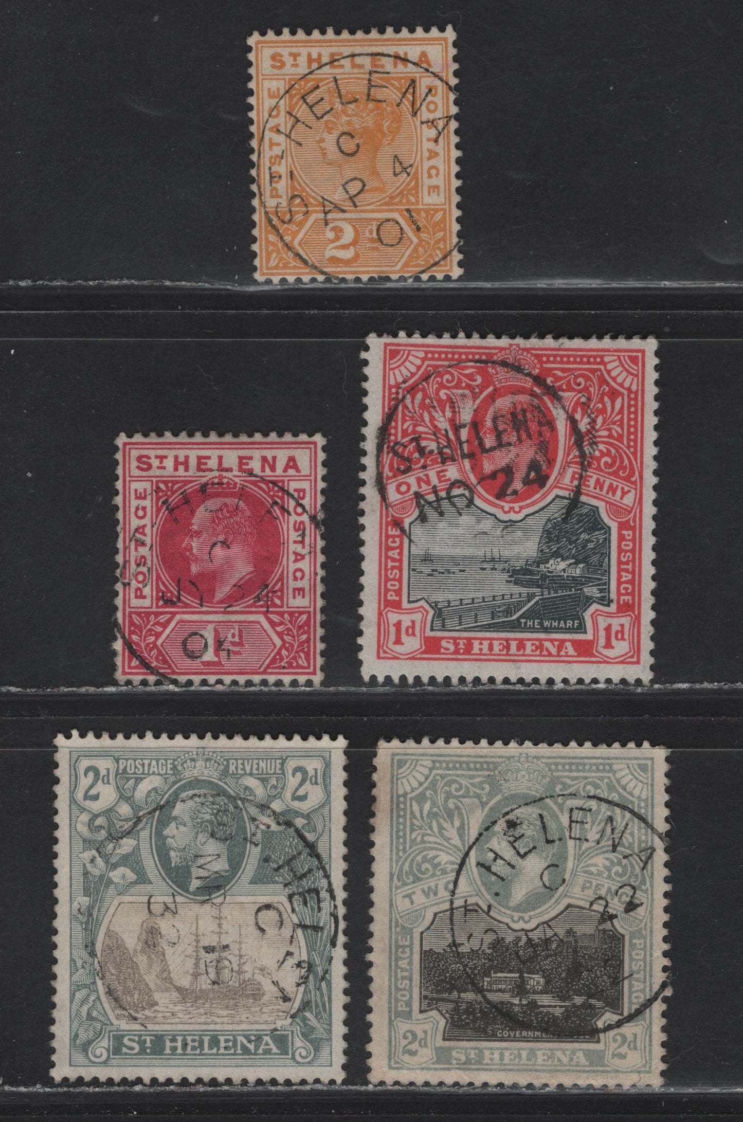 Lot 144 St. Helena (C)  SG#49, 54, 56, 75, 100 2d Yellow - Gray & Slate Queen Victoria - King Geroge V, 1890-1937 Queen Victoria Imperium - KGV Colonial Badge Definitives, 5 Fine/Very Fine Used Singles, SON St. Helena (C)  Cancels