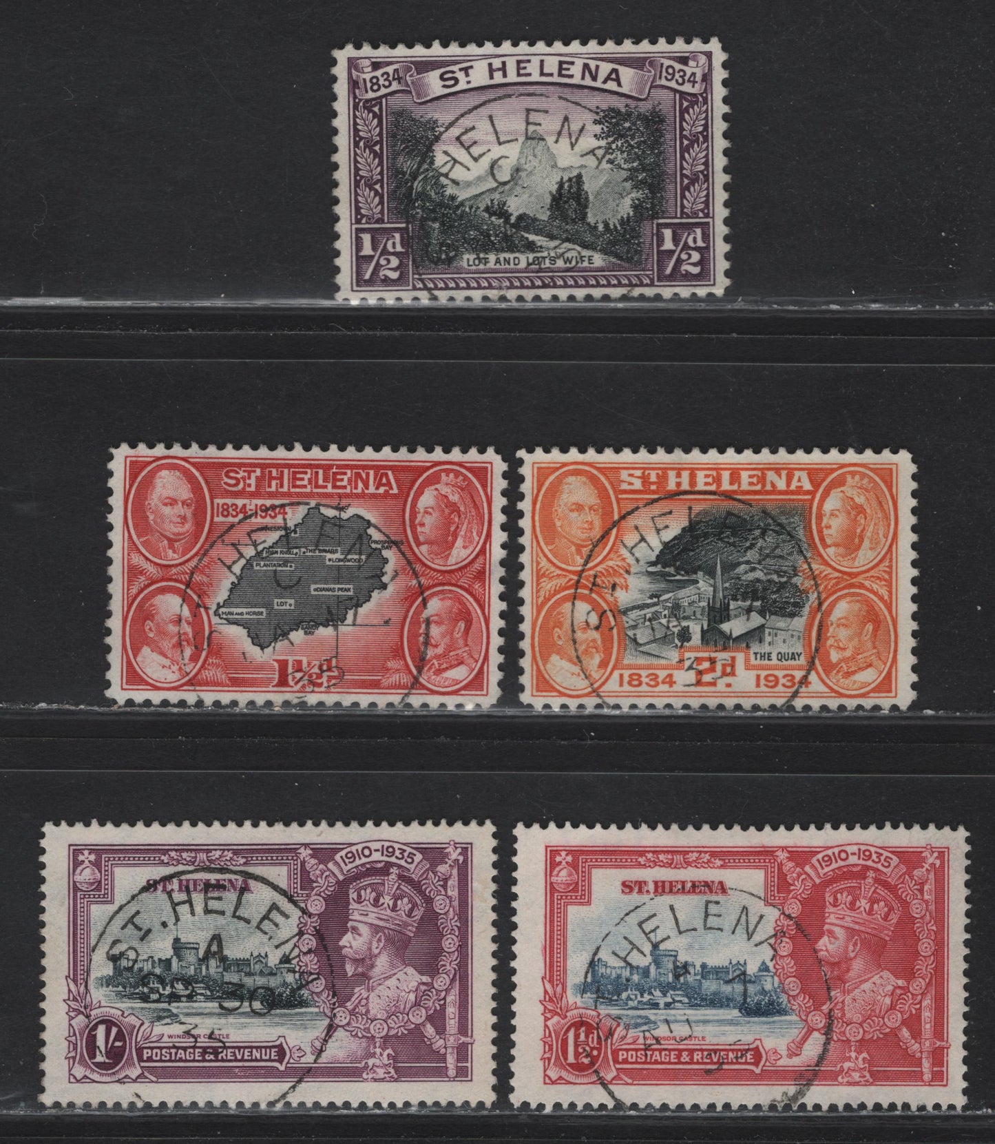 Lot 145 St. Helena (C)  SG#114, 116-117, 124, 127 1/2d - 1/- Black & Puuple - Slate & Purple , 1934 Centenary - Silver Jubilee Issues, 5 Very Fine Used Singles, SON St. Helena (C)  CDS Cancels