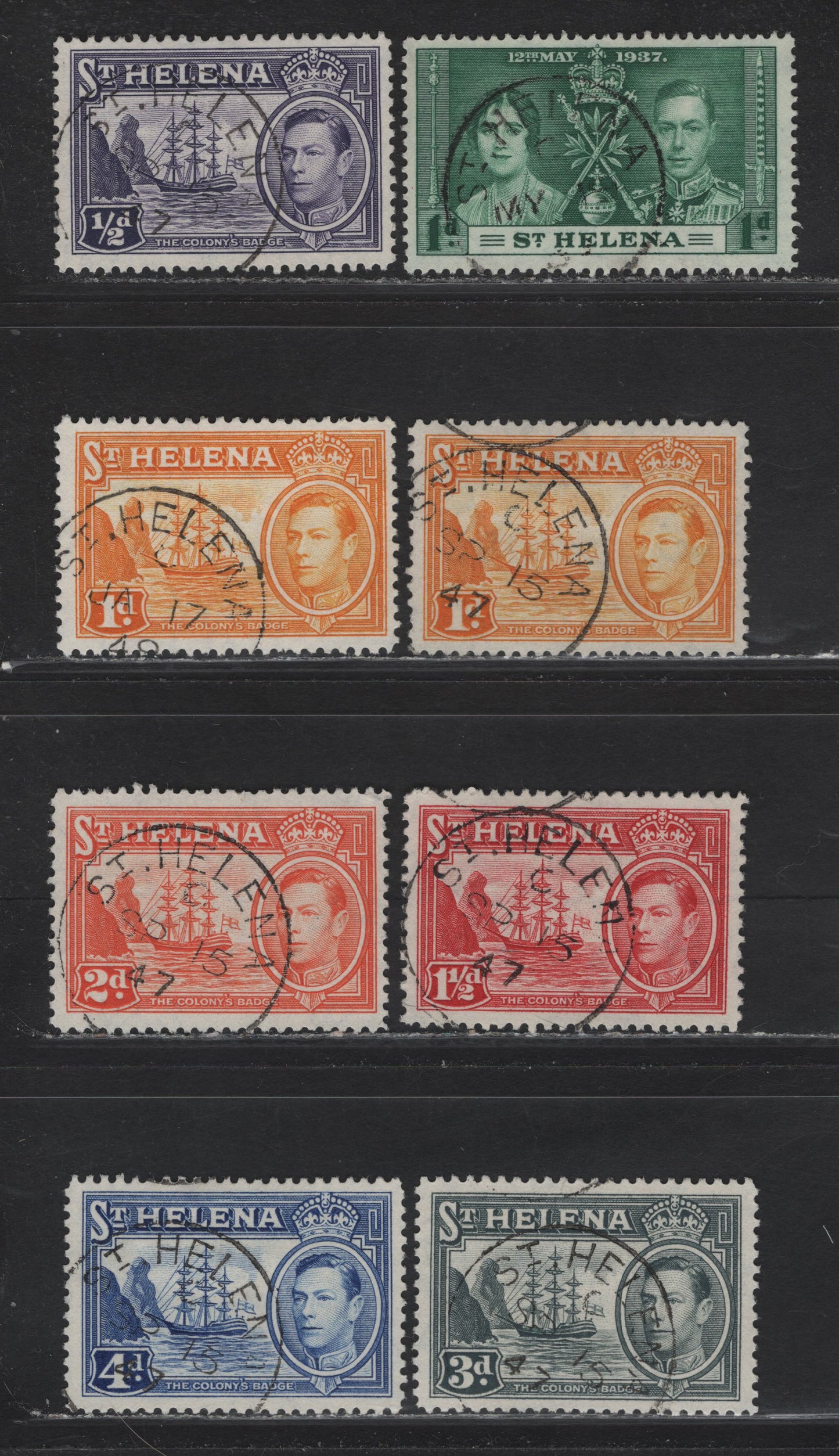 Lot 146 St. Helena (C)  SG#128, 131, 132a, 134, 133, 135a, 135b 1d - 4d Myrtle Green - Ultramarine , 1937-1944 Coronation - KGVI Badge of the Colony Issues, 8 Fine/Very Fine Used Singles, SON St. Helena (C)  CDS Cancels