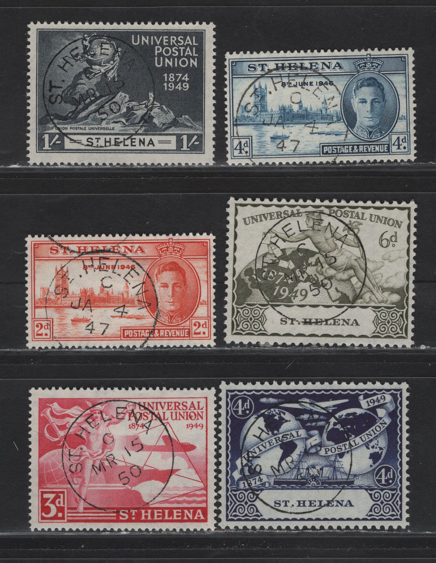 Lot 147 St. Helena (C)  SG#141-142, 145-148 2d - 1/- Red Orange - Blue Black , 1946-1949 Peace & UPU Issues, 6 Very Fine Used Singles, SON St. Helena (C)  CDS Cancels