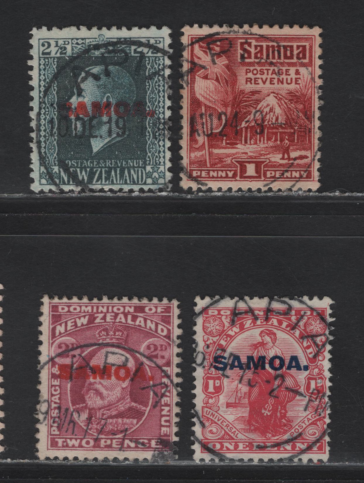 Lot 149 New Zealand (C)  SG#116-117, 139, 154 1d Carmine - Lake , 1914-1921 King Edward VII Overprinted Issue, 4 Fine/Very Fine Used Singles, Perf 14x13.5, SON Apia Cancels
