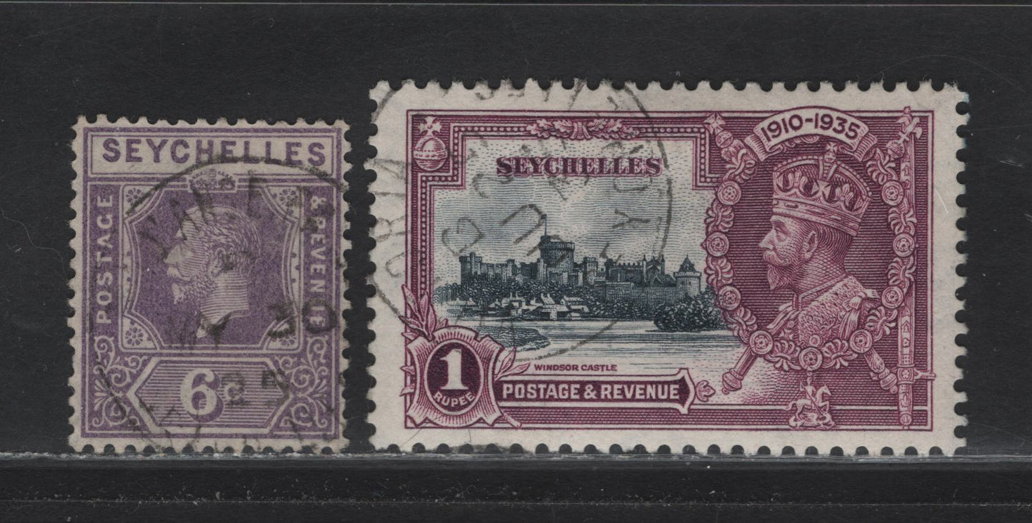 Seychelles (C)  SG#103, 131 6c - 1r Deep Mauve - Slate & Purple King George V - Silver Jubilee, 1921-1935 King George V - Silver Jubilee Issues, 2 Very Fine Used Singles, SON Victoria & Other CDS Cancel I Quite Cant Make Out