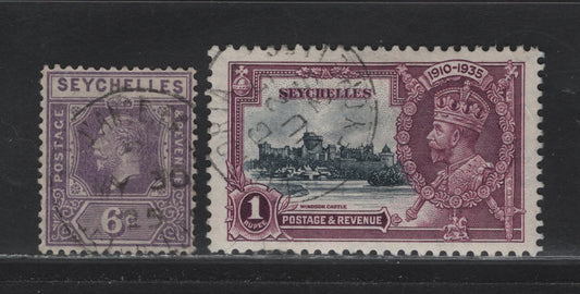 Seychelles (C)  SG#103, 131 6c - 1r Deep Mauve - Slate & Purple King George V - Silver Jubilee, 1921-1935 King George V - Silver Jubilee Issues, 2 Very Fine Used Singles, SON Victoria & Other CDS Cancel I Quite Cant Make Out