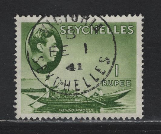 Seychelles (C)  SG#146 1r Yellow Green Fishing Pirogue, 1938-1949 KGVI Photogravure Pictorial Issue, A Very Fine Used Single, SON Feb 1 1941 Victorian CDS Cancel