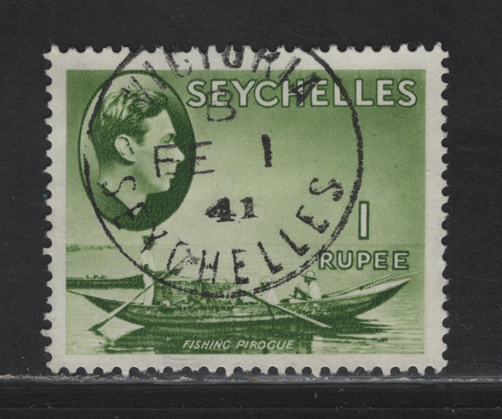 Lot 155 Seychelles (C)  SG#146 1r Yellow Green Fishing Pirogue, 1938-1949 KGVI Photogravure Pictorial Issue, A Very Fine Used Single, SON Feb 1 1941 Victorian CDS Cancel