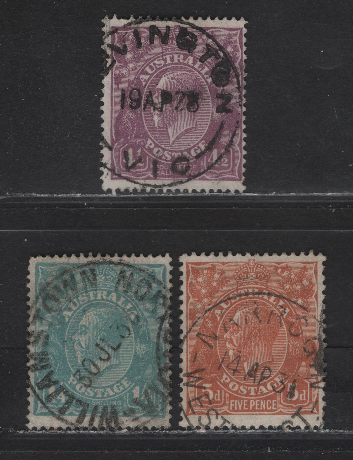 Lot 16 Australia (C)  SG#92-93, 103a 4.5d - 5d Violet - Orange King George V, 1926-1930 KGV Head Issue, 3 Fine/Very Fine Used Singles, Perfs 14 & 13.5x12.5, SON Cancels Including Narrogin, Livington & William's Town North, Small Multiple Wmk.
