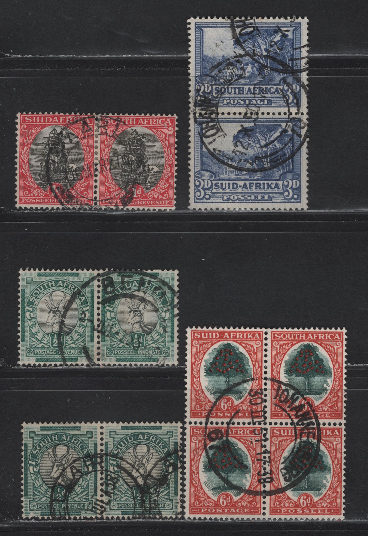 Lot 161 South Africa (C) SG#31,42,54,59,61d, 1926-1927 Pictorial Keyplates - 1933-1948 Pictorials W/ Swid Afrika Hyphonated & Photogravure, 4 F&VF Used Pairs And Block Of 4 Die 3. With Readable CDS Cancels Incl. Paarl, Benoni, Johannesburg & Bellaire