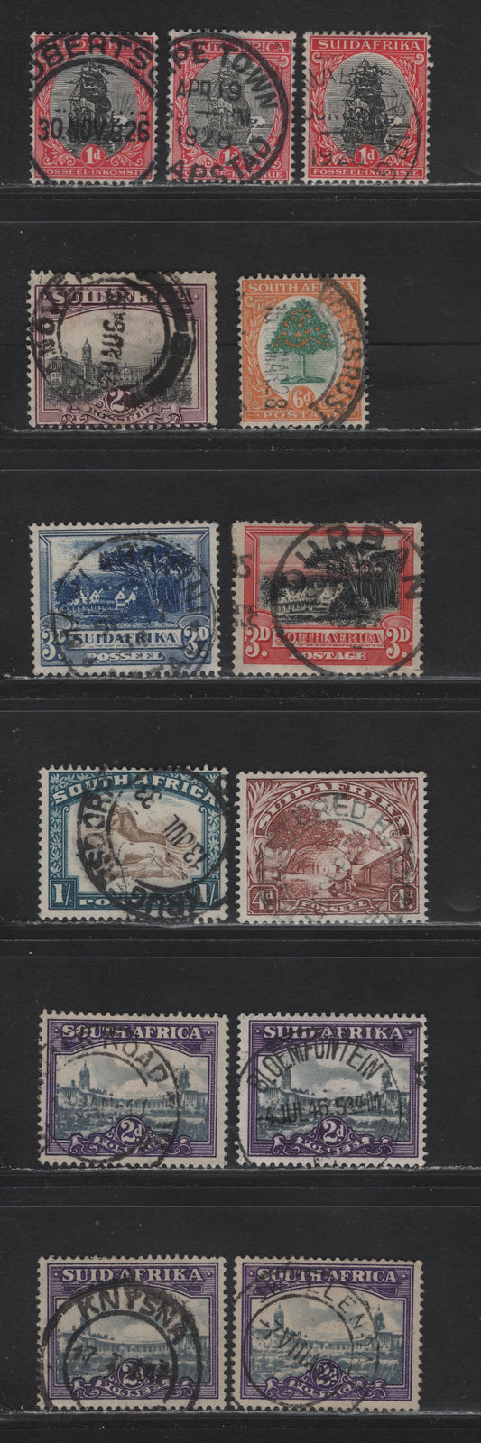 South Africa (C) , 1927-1948 Pictorial Issues, 13 F&VF Used Singles With SON Readable Cancels Incl. Durban Robertson,Cape Town,Volksrust, Martzburg, Andover, Abatini, Krugersdorp, Bloemfortein, Knysna & Swellendam