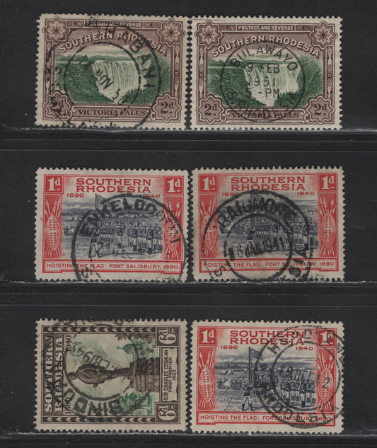 Southern Rhodesia (C) SG#35a, 54, 59, 1935-1941 Victoria Falls Definitives - 1940 Golden Jubilee Issues, 6 VF Used Singles All With SON Town Cancels Incl. Bulawago, Shabani, Bindura, Enkeldoorn & Raigmoore
